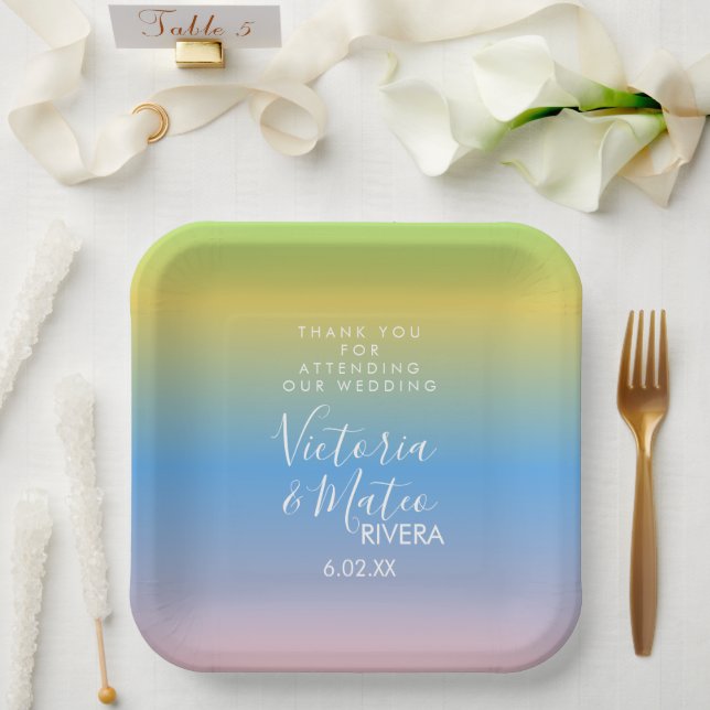 Ombre Rainbow Yellow Blue Pink Wedding  Thank You  Paper Plates (Wedding)