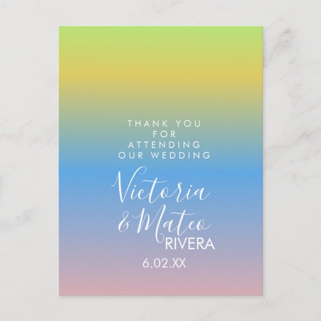 Ombre Rainbow Yellow Blue Pink Wedding   Thank You Postcard (Front)