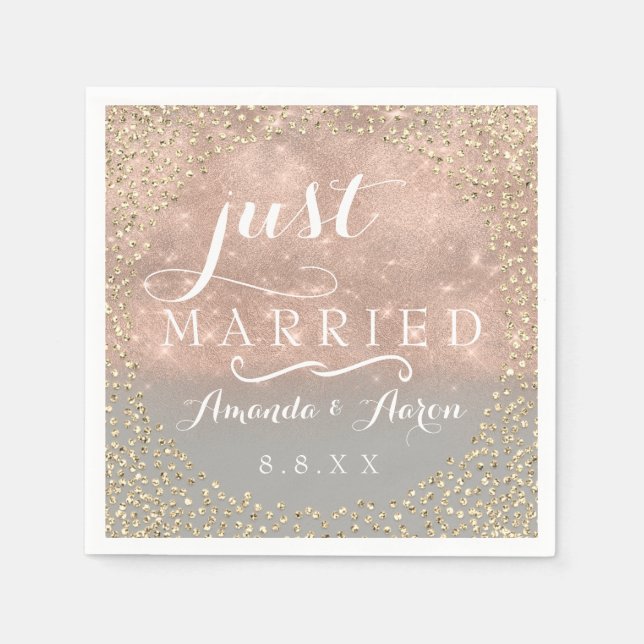 Ombre Rose Gold Confetti Wedding Just Married Napkins (Front)