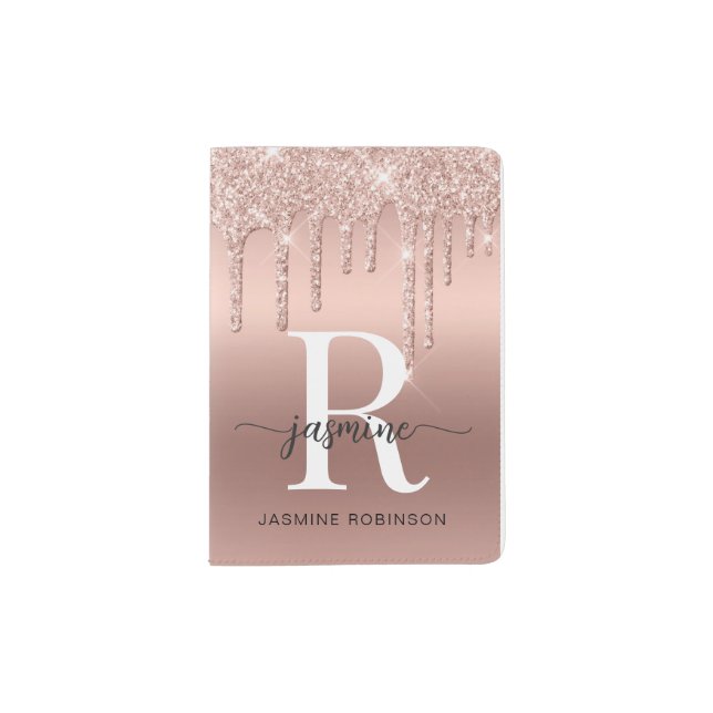 Ombre Rose Gold Glitter Drips Monogram Script Passport Holder (Front)