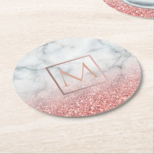 ombre rose gold monogram on white marble stone round paper coaster