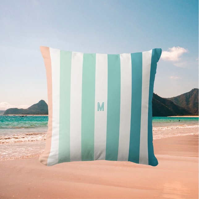 Ombre Sea Shore Stripe & Personalized Monogram Outdoor Pillow (Creator Uploaded)
