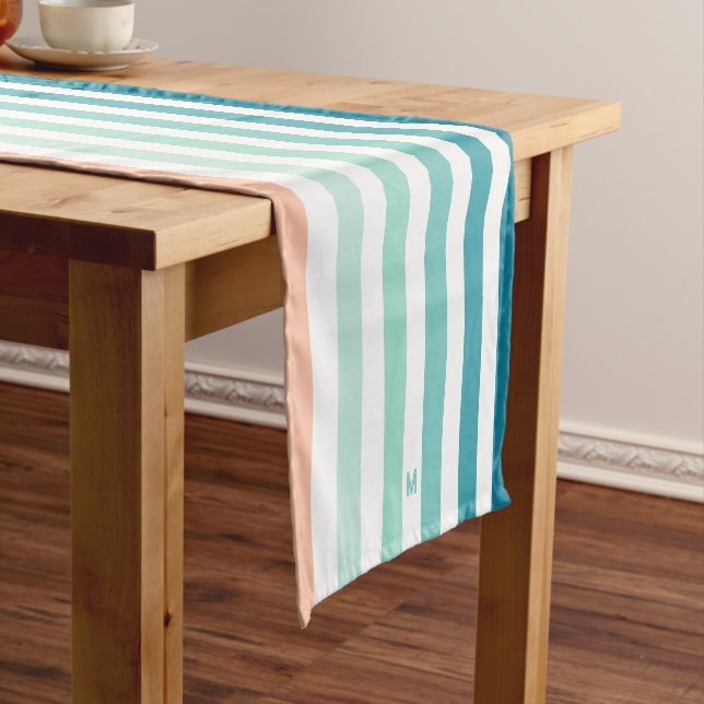 Ombre Sea Shore Stripe & Personalized Monogram Short Table Runner (In Situ)