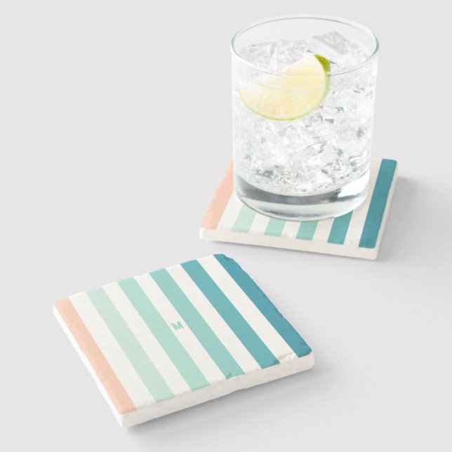 Ombre Sea Shore Stripe & Personalized Monogram Stone Coaster (Side)
