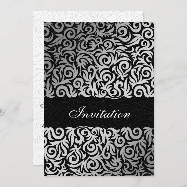 Ombre silver and Black Swirling Border Wedding Invitation (Front/Back)