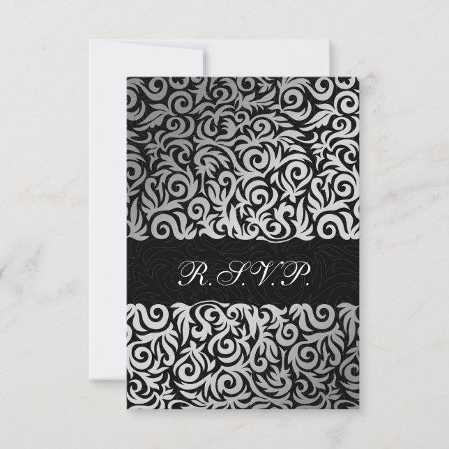 Ombre silver and Black Swirling Border Wedding RSVP Card (Front)