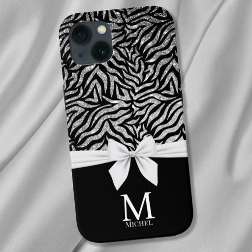 Ombre silver Glitter Zebra Stripes Bow Monogram iPhone 12 Pro Max Case