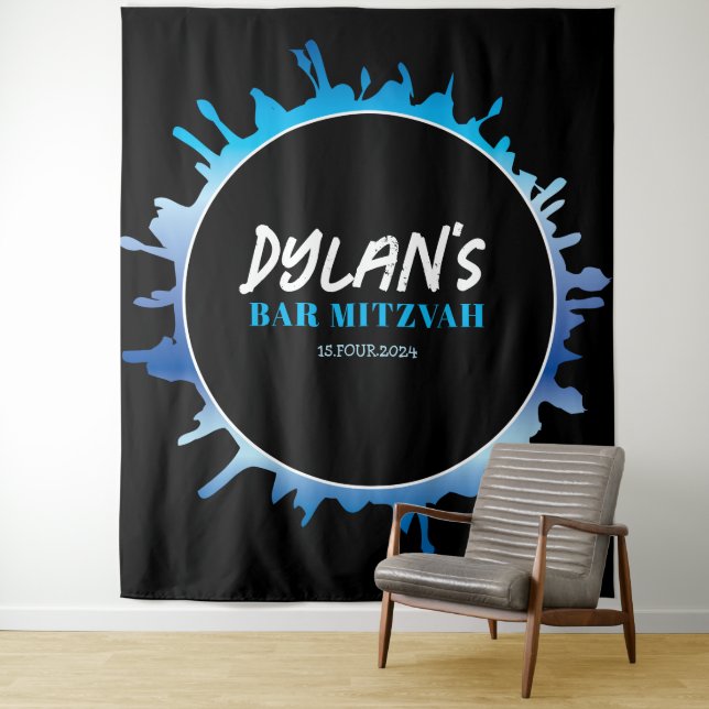 Ombre Splatter Blue Bar Mitzvah Photo-Op Backdrop (In Situ)