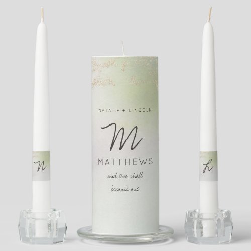 Ombre Spring Green Gold Foil Chic Wedding Monogram Unity Candle Set