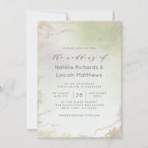 Ombre Spring Green Gold Foil Frost Modern Wedding Invitation