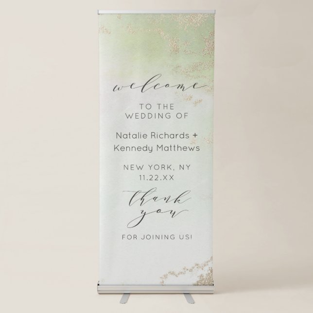Ombre Spring Green Gold Foil Frost Wedding Welcome Retractable Banner (Front)