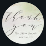 Ombre Spring Green Gold Foil Thank You Wedding Classic Round Sticker<br><div class="desc">Ombre Spring Green Gold Foil Frosted Watercolor Wedding Design with hand painted watercolor wash fading pastel light green background texture. A Chic and Modern Look for a spring or summer wedding, with soft pastel color palette : light pastel green, and gold faux foil veins and details, and a modern trendy...</div>
