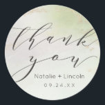 Ombre Spring Green Gold Foil Thank You Wedding Classic Round Sticker<br><div class="desc">Ombre Spring Green Gold Foil Frosted Watercolor Wedding Design with hand painted watercolor wash fading pastel light green background texture. A Chic and Modern Look for a spring or summer wedding, with soft pastel color palette : light pastel green, and gold faux foil veins and details, and a modern trendy...</div>