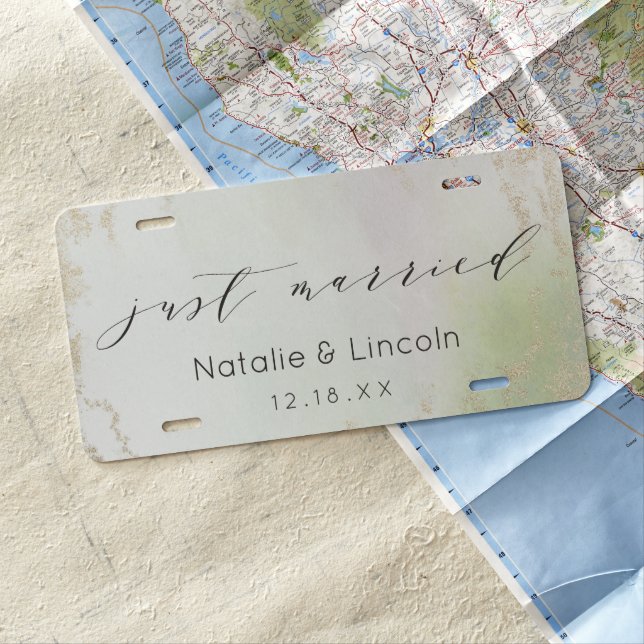 Ombre Spring Green Gold Foil Wedding Just Married License Plate (In Situ)