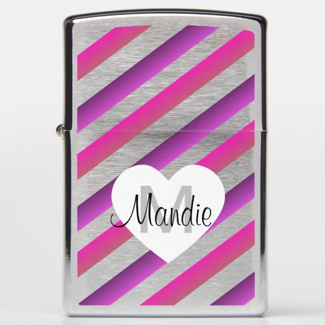 Ombré Stripes Diagonal Pink Purple Name Zippo Lighter (Front)