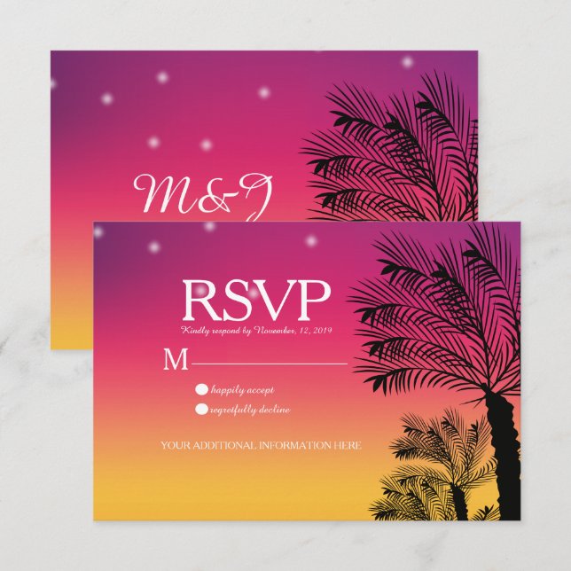 Ombre Sunset Beach Tropical Palm Trees Wedding Invitation (Front/Back)