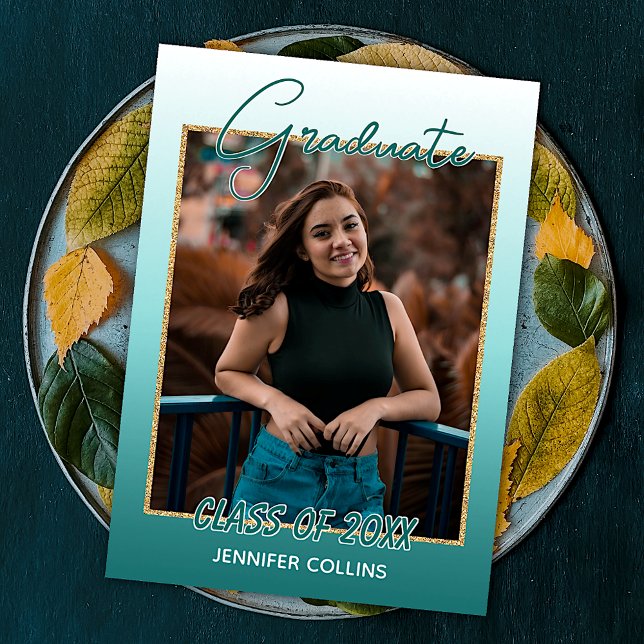 Ombre Teal Blue Green Gold Glitter Graduation Announcement (Creator Uploaded)