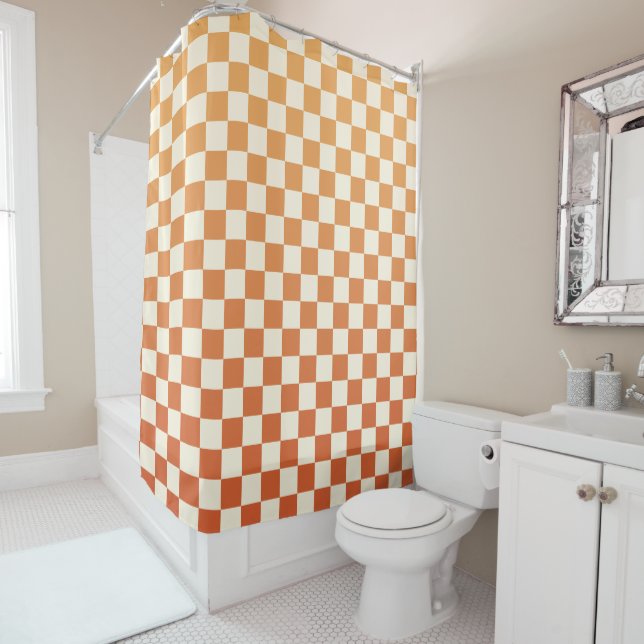 Ombre terracotta checkers checkered pattern shower curtain (In Situ)