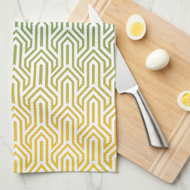 Ombre-themed Turquoise Yellow Art Deco Pattern Kitchen Towel (Quarter Fold)