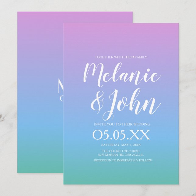 Ombre Tone Rainbow Soft Purple Blue Green Wedding Invitation (Front/Back)