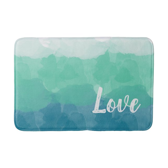 Ombre Turquoise Blue and Neo Mint Love Gradient Bath Mat (Front)