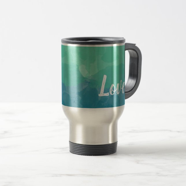 Ombre Turquoise Blue and Neo Mint Love Gradient Travel Mug (Front Right)