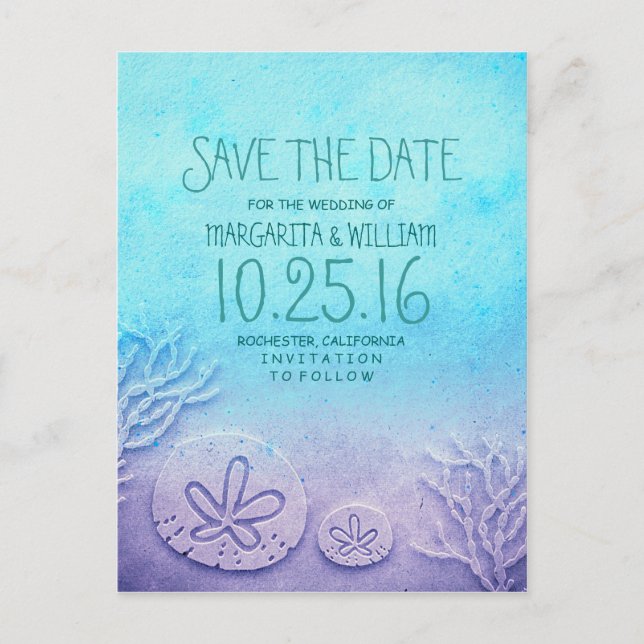 Ombre turquoise blue beach save the date postcards (Front)