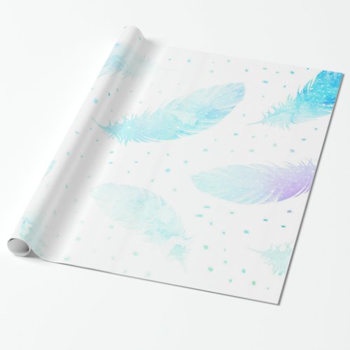  Ombre Turquoise Blue Magenta Feathers on White Wrapping Paper