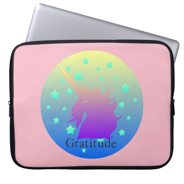 Ombre unicorn with word gratitude laptop sleeve (Front)