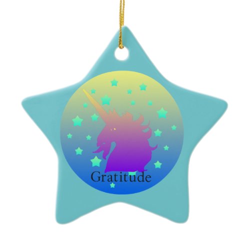 "Ombre unicorn with word gratitude" Ornament. Ceramic Ornament