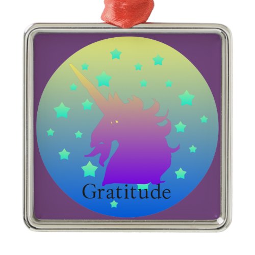 "Ombre unicorn with word gratitude" Ornament. Metal Ornament