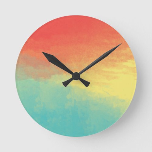 Ombre Watercolor Texture _ Teal Yellow Coral Round Clock