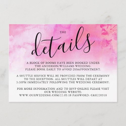 Ombre Watercolor Wedding Detail Card _ Pink