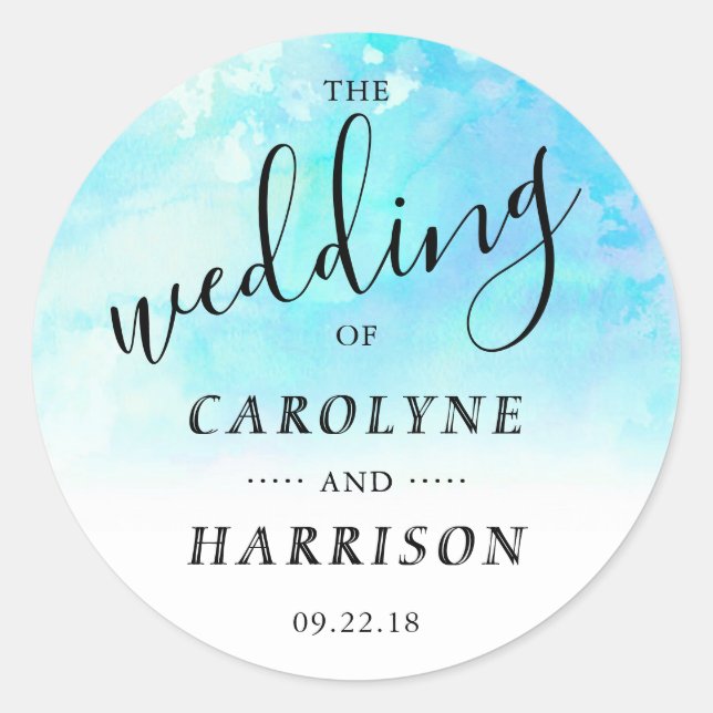Ombre Watercolor Wedding Favor Sticker - Blue (Front)