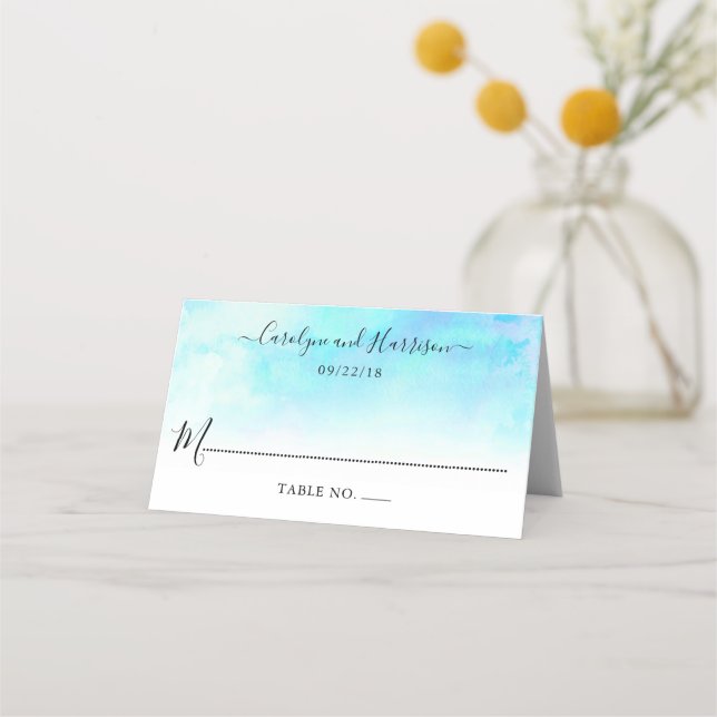 Ombre Watercolor Wedding Place Cards - Blue (Front)
