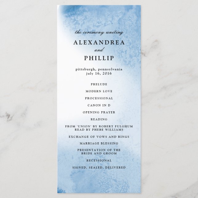 Ombre Watercolor Wedding Program | Blue (Front)