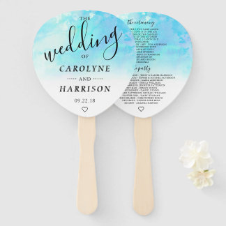 Ombre Watercolor Wedding Program Hand Fans - Blue