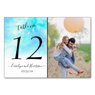 Ombre Watercolor Wedding Table Number Cards - Blue