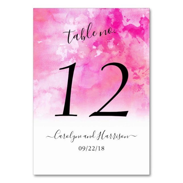 Ombre Watercolor Wedding Table Number Cards - Pink (Front)