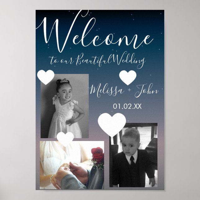 Ombre Wedding Three Photo Collage Script Hearts Poster (Front)