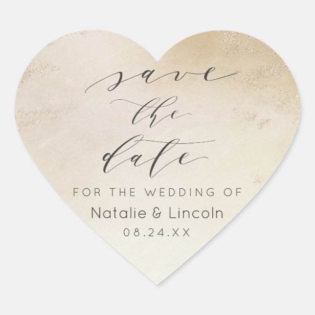 Ombre Yellow Gold Frosted Foil Luxe Save the Date Heart Sticker (Front)