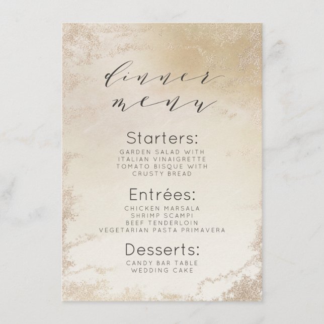 Ombre Yellow Gold Frosted Foil Watercolor Dinner Menu (Front)
