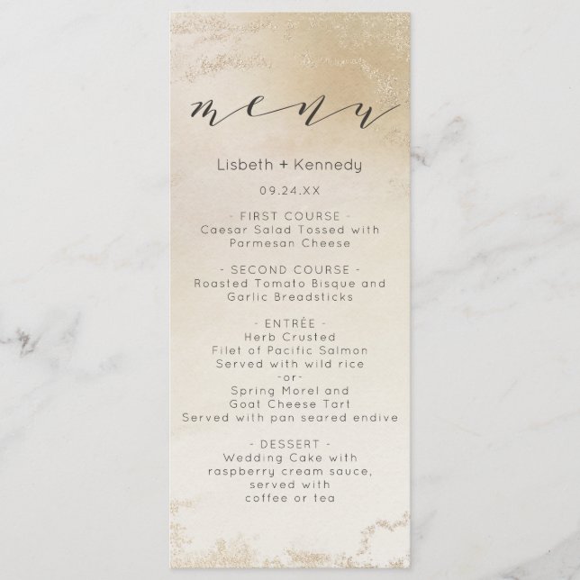 Ombre Yellow Gold Frosted Foil Watercolor Dinner Menu (Front)
