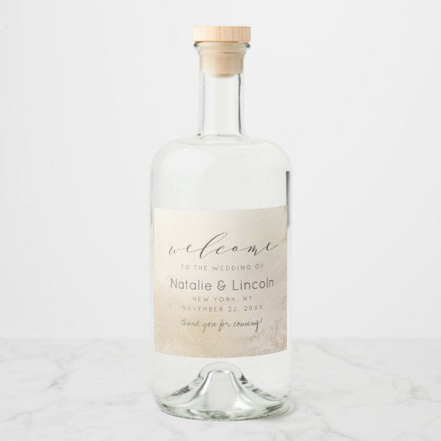 Ombre Yellow Gold Frosted Foil Wedding Welcome Liquor Bottle Label (Front)