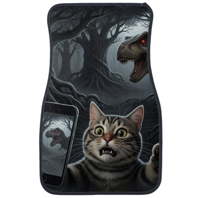 OMG A Dinosaur! Funny Cat Selfie with T-Rex Car Floor Mat (Front)