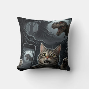 OMG A Dinosaur! Funny Cat Selfie with T-Rex Throw Pillow