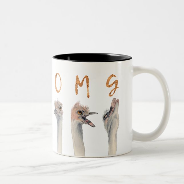 OMG Funny Ostriches Illustration Two-Tone Coffee Mug (Right)