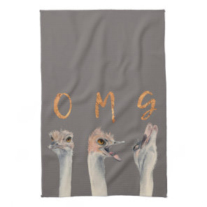 OMG Funny Ostriches Watercolor Illustration Kitchen Towel