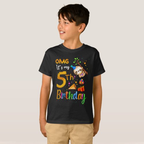 OMG Its My 5th Birthday 5 Years Old Cute sloth Gi T_Shirt