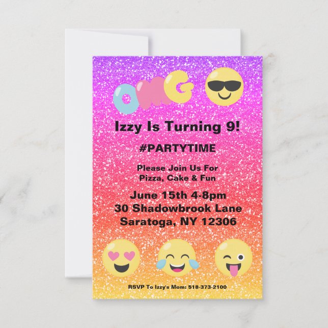 OMG Ombre Glitter Emoji Birthday Invitation (Front)
